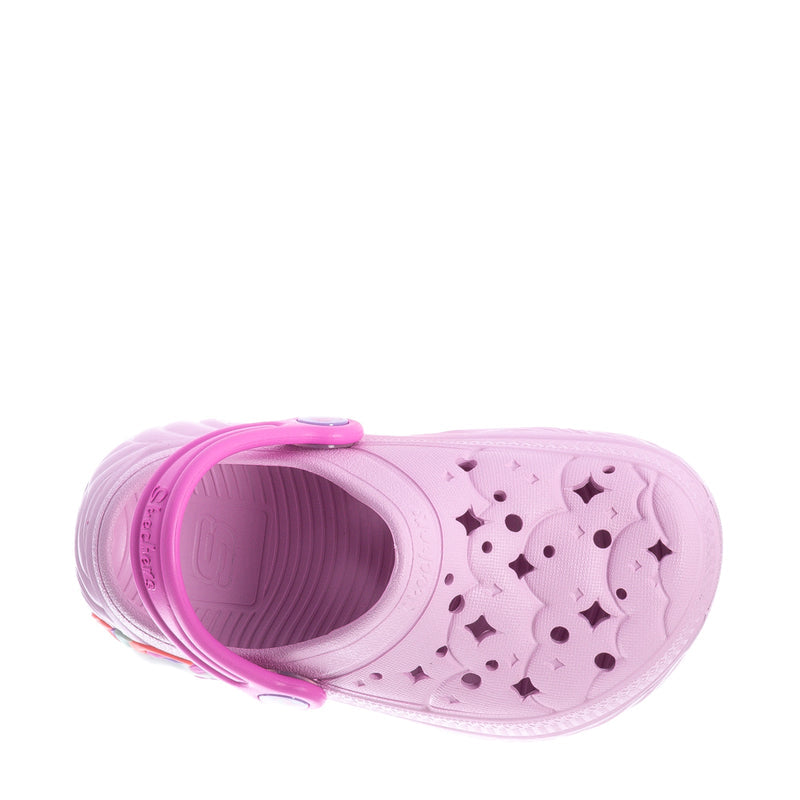 Pink toddler clogs with open toe, ribbed interior, and star cutout outsole