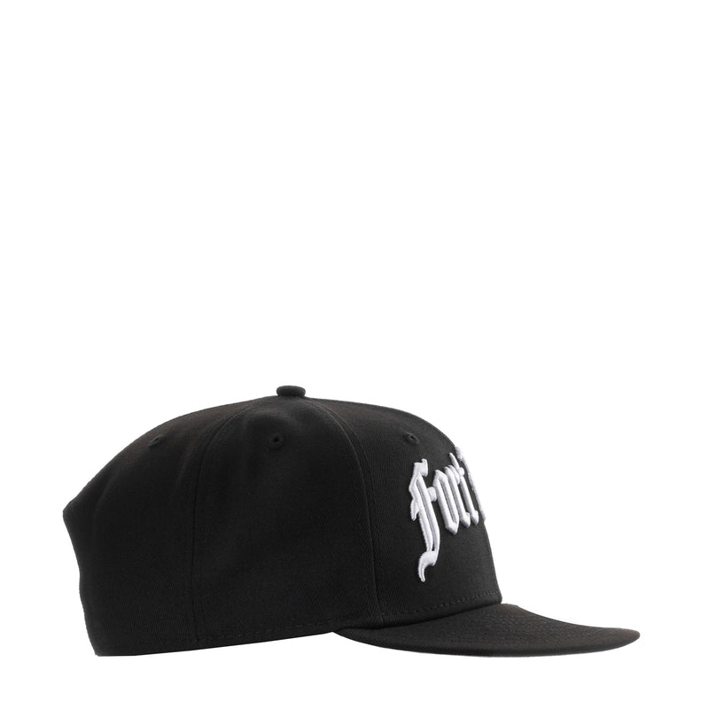 Black baseball cap with white side logo lettering