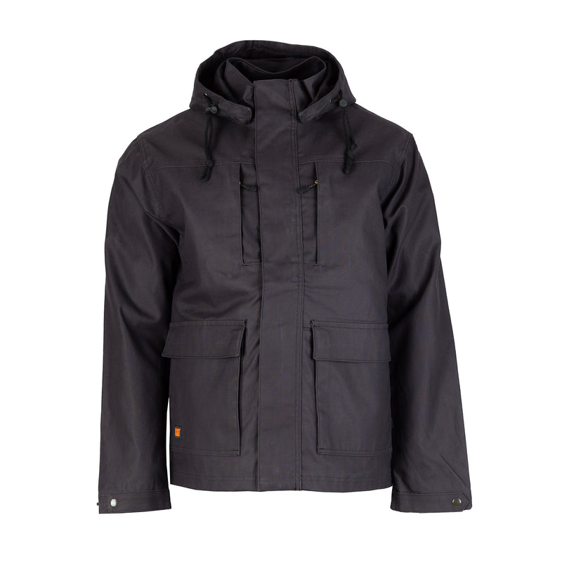 Mens black work jacket with attached hood, drawstring, and front snap pockets