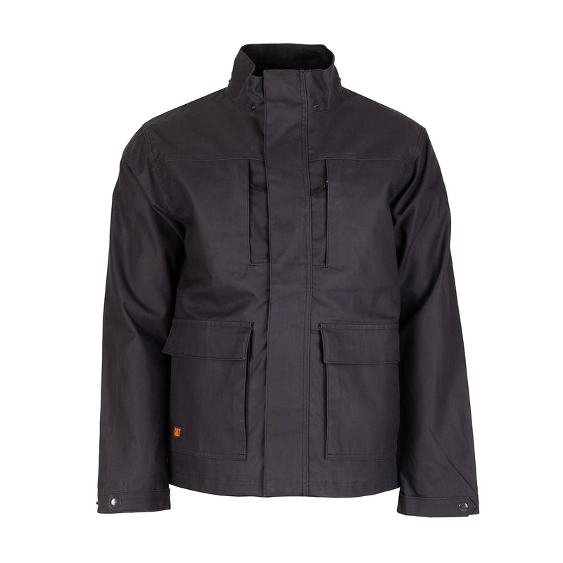 Mens black work jacket with attached hood and two chest pockets, full front zip
