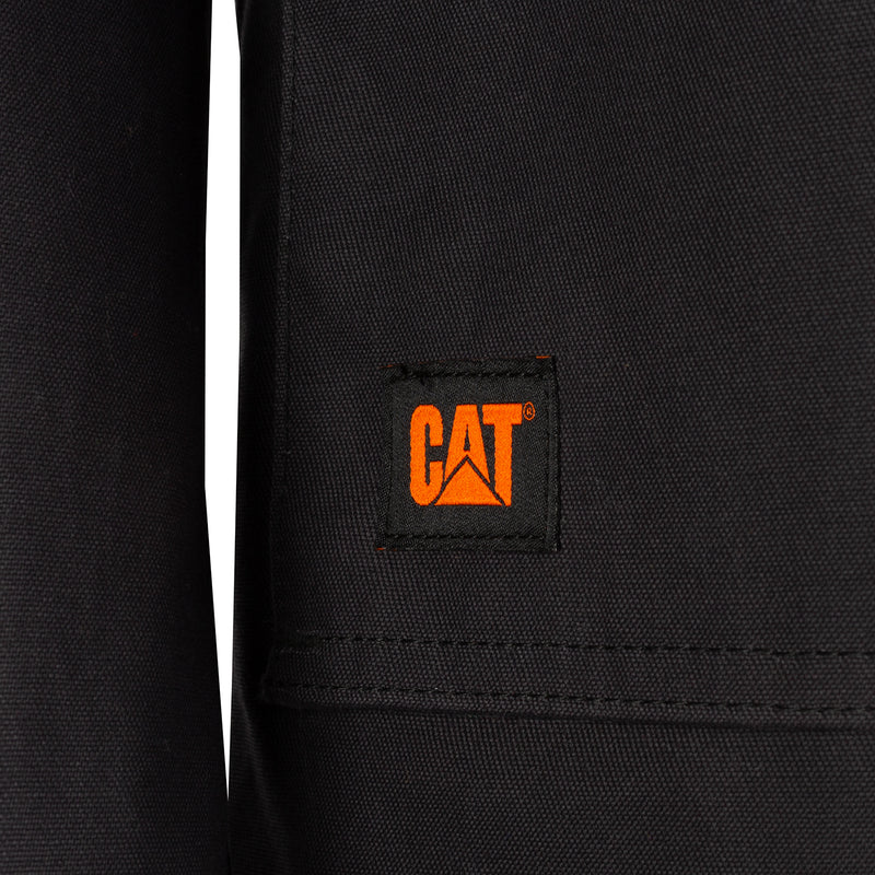 Close-up of black work jacket chest label patch