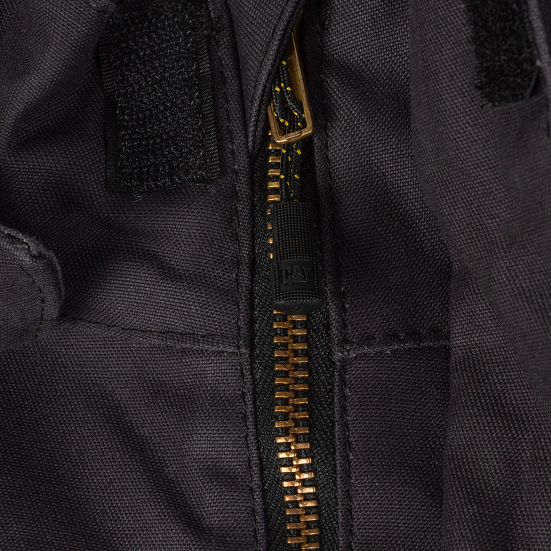 Black work jacket zipper and inner placket detail