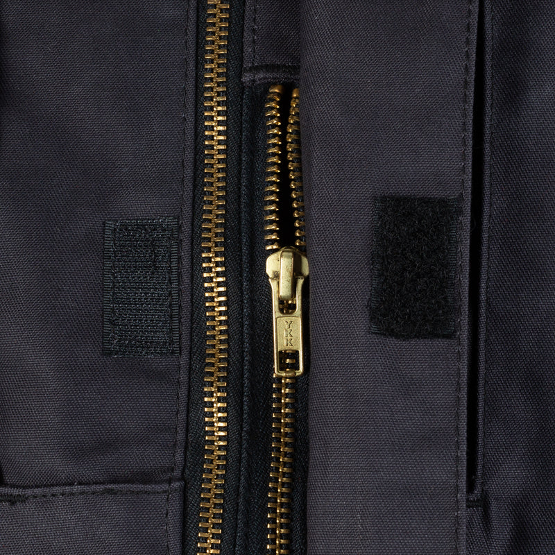 Black work jacket front zipper with two sliders and side pockets