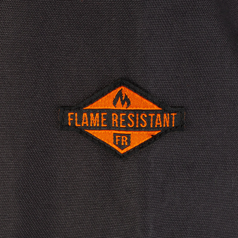 Close-up of black flame resistant FR label patch