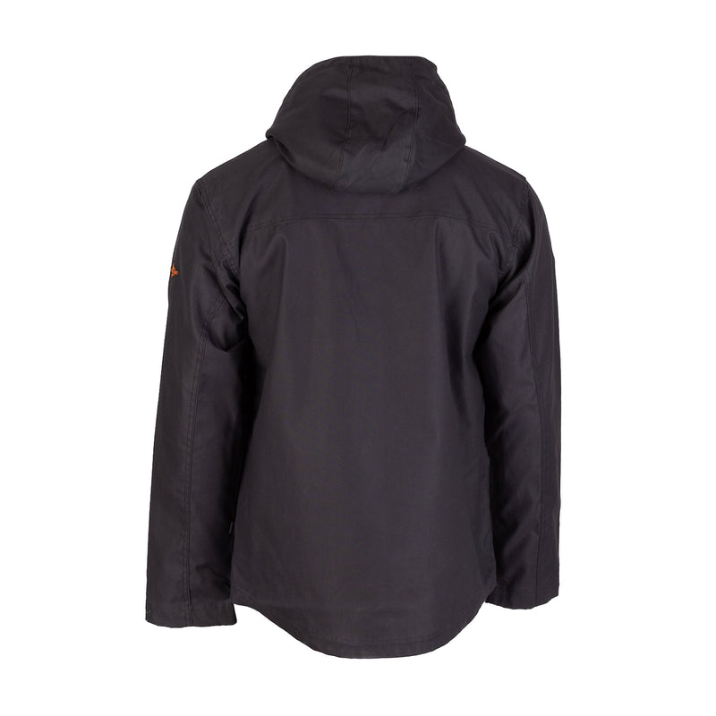 Mens black work jacket back view with attached hood and drawstring