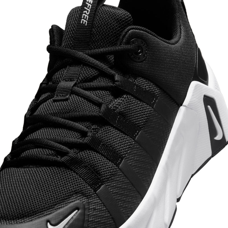 Men's black mesh upper sneaker with lace system and white side stripe logo