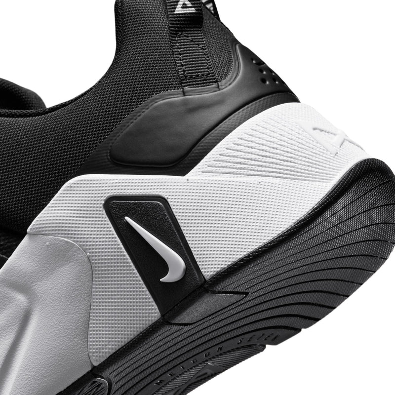 Men's black and white sneaker heel with textured midsole and side logo