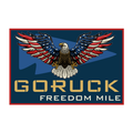 A soaring eagle with outstretched wings flies above "GORUCK FREEDOM MILE" on a blue background, celebrating America’s 250th birthday with the Freedom Mile patch.