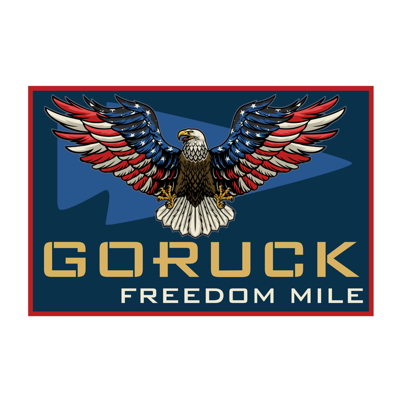 A soaring eagle with outstretched wings flies above "GORUCK FREEDOM MILE" on a blue background, celebrating America’s 250th birthday with the Freedom Mile patch.