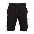 Men's black French terry cargo shorts with drawstring waist and side cargo pockets