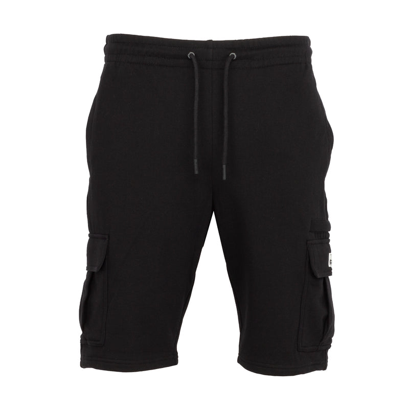 Men's black French terry cargo shorts with drawstring waist and side cargo pockets