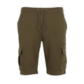 Military green cargo shorts with drawstring waist and side flap pockets