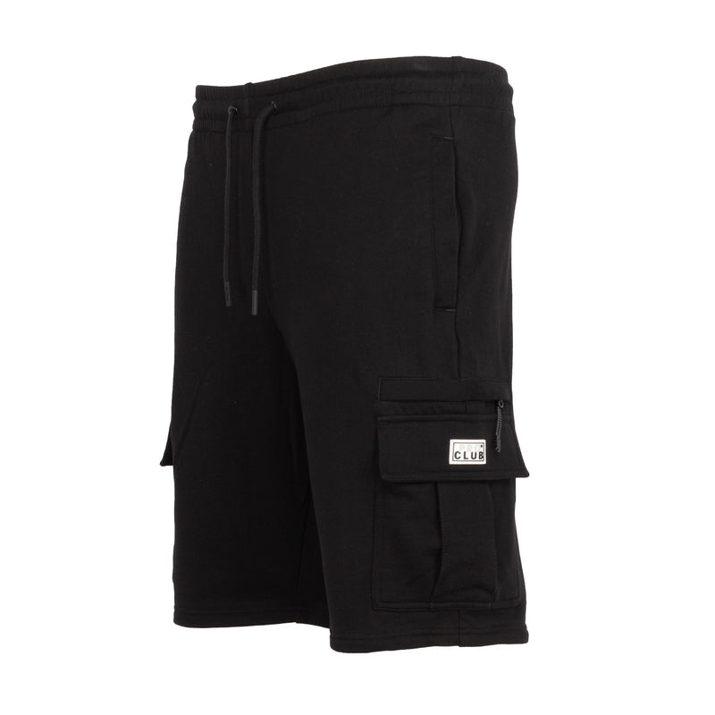Men's black cargo shorts with flap pocket and stitched Club label detail