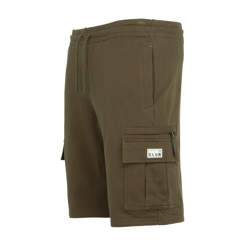 Military green cargo shorts back view with large cargo pocket and small patch label