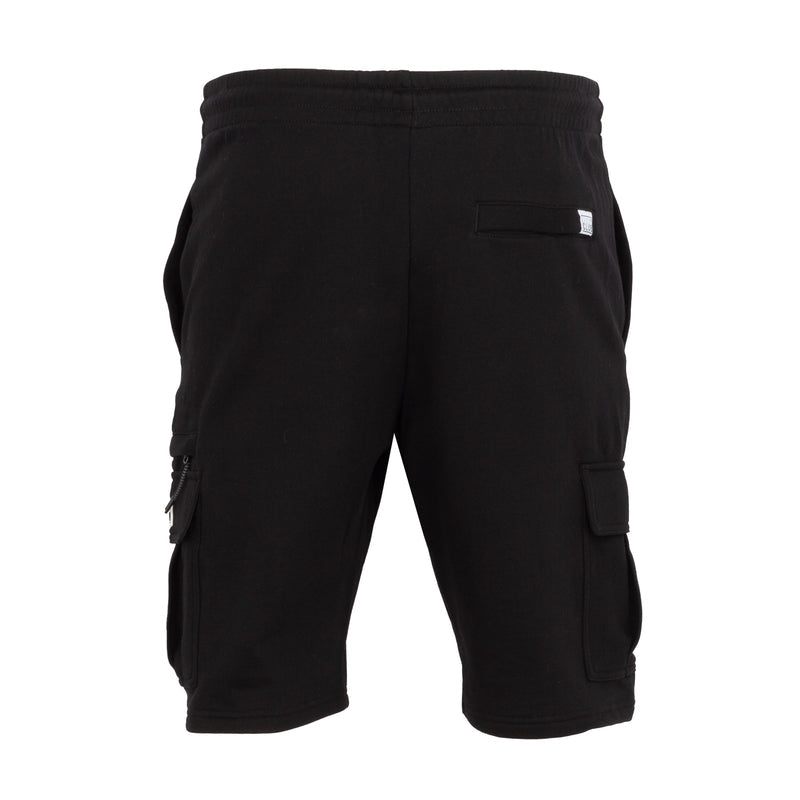 Men's black cargo shorts with side cargo pockets and small back logo patch