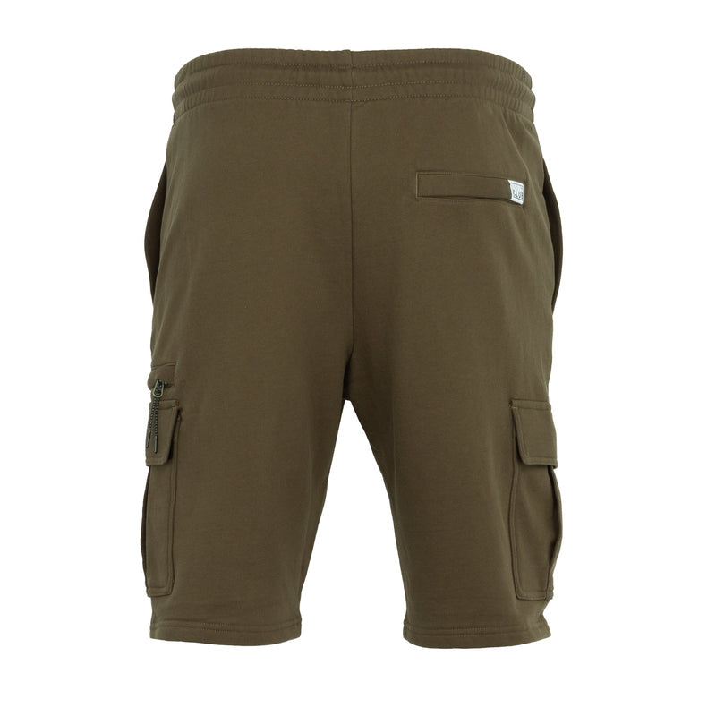 Military green cargo shorts with flap cargo pockets and drawstring waistband