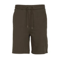 Men's olive French terry shorts with drawstring and side pockets
