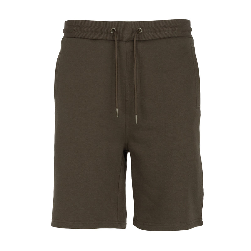 Men's olive French terry shorts with drawstring and side pockets