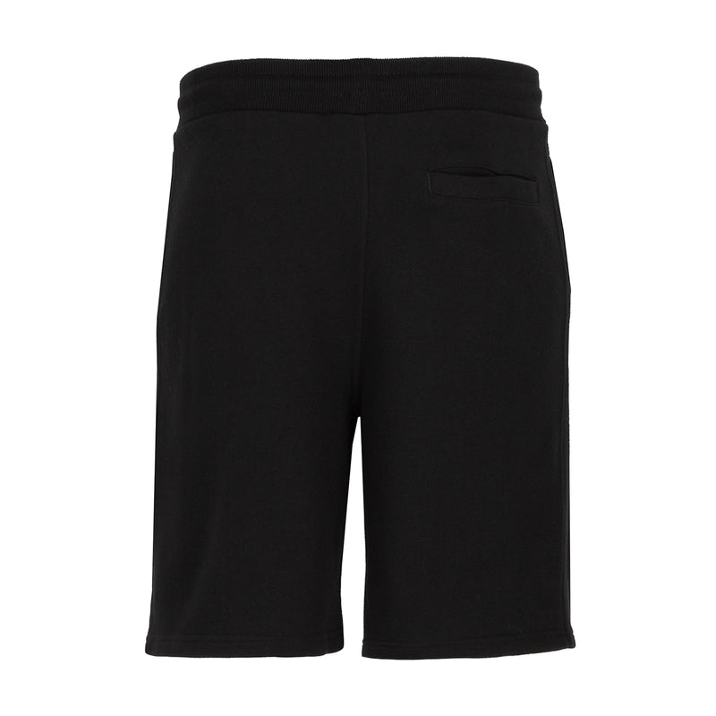 Black French terry shorts with elastic waistband and side pocket