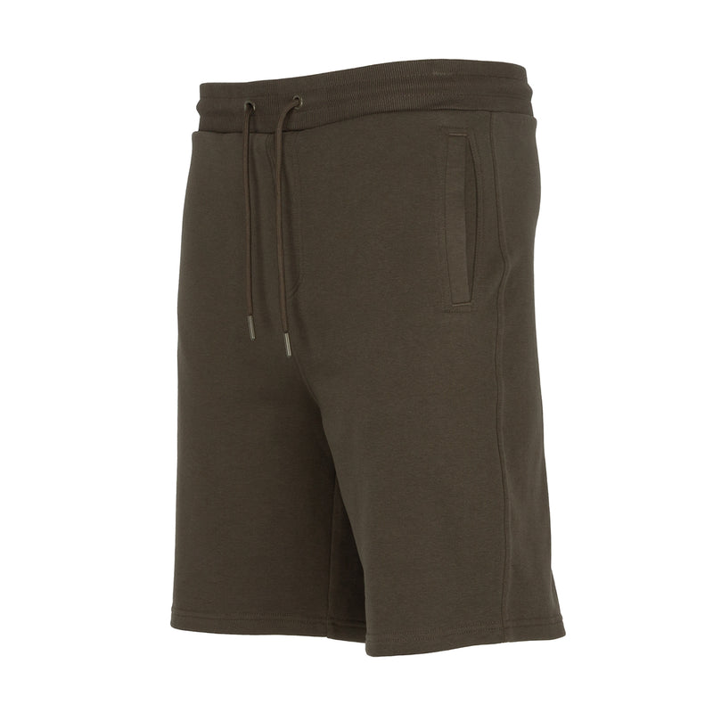Men's olive French terry shorts with drawstring and single back pocket