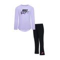Kids lavender long-sleeve top with Nike graphic and black leggings set