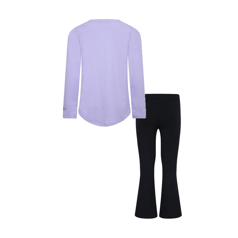 Kids back view lavender long-sleeve top with black flare-leg leggings set