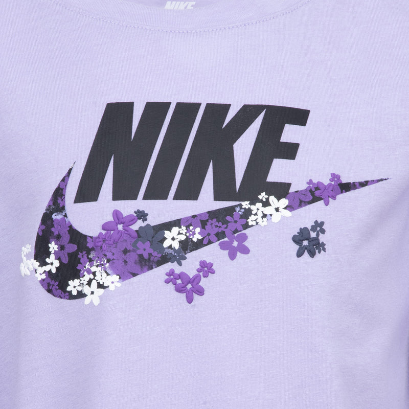 Kids lavender top with large Nike logo and purple floral print