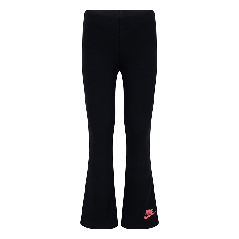 Kids black flared leggings with small red Nike swoosh at ankle