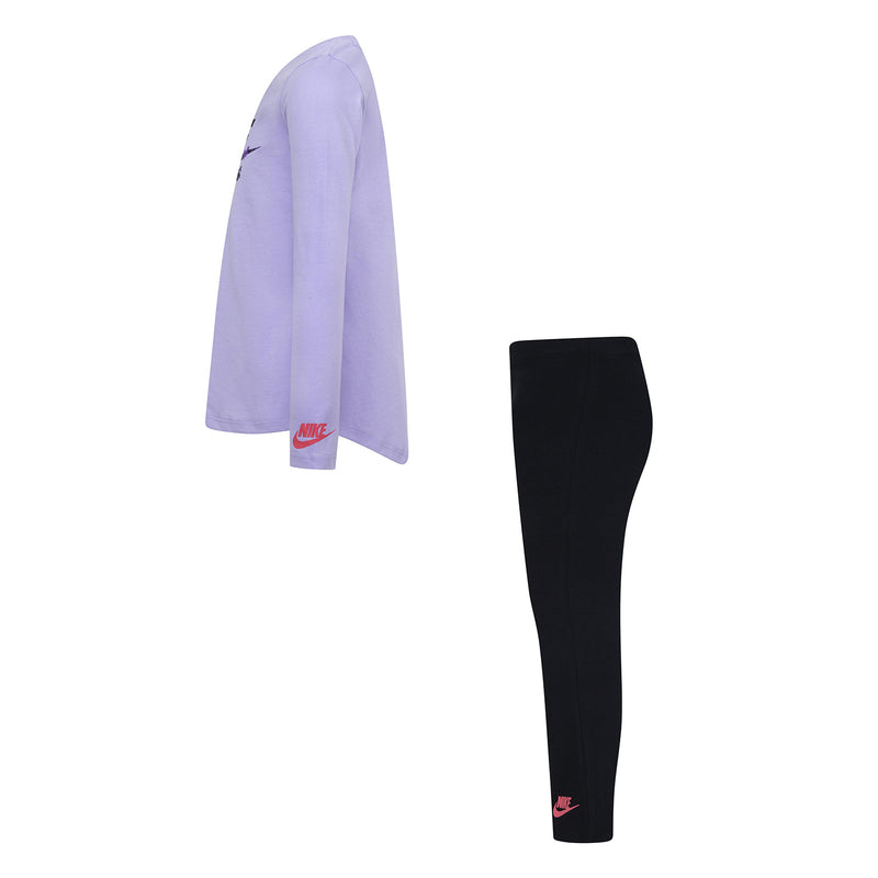 Kids lavender long-sleeve top and black leggings set, side view