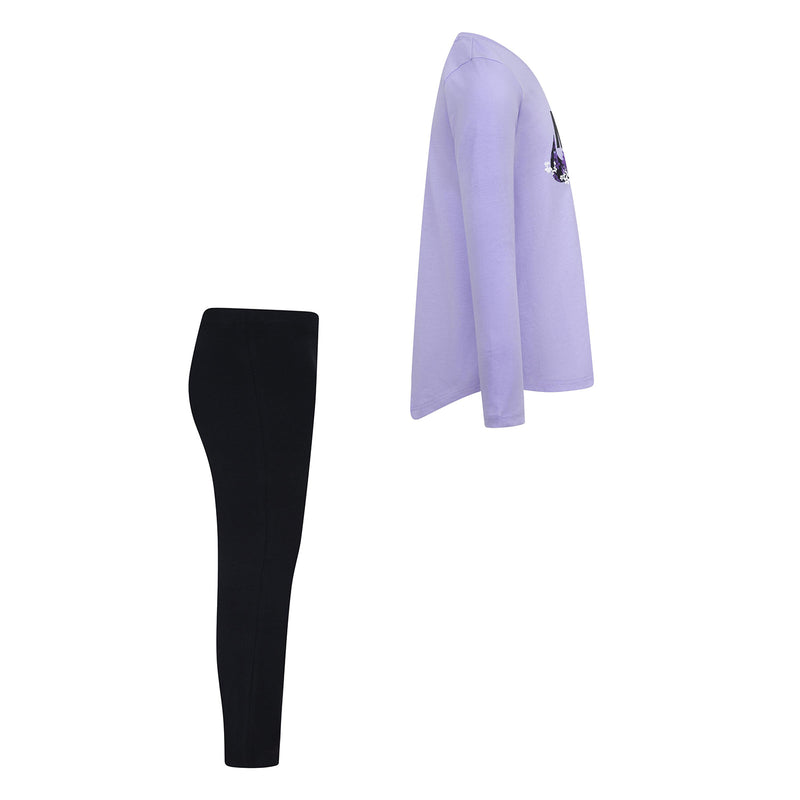 Kids lavender top and black leggings set, angled view showing logo details