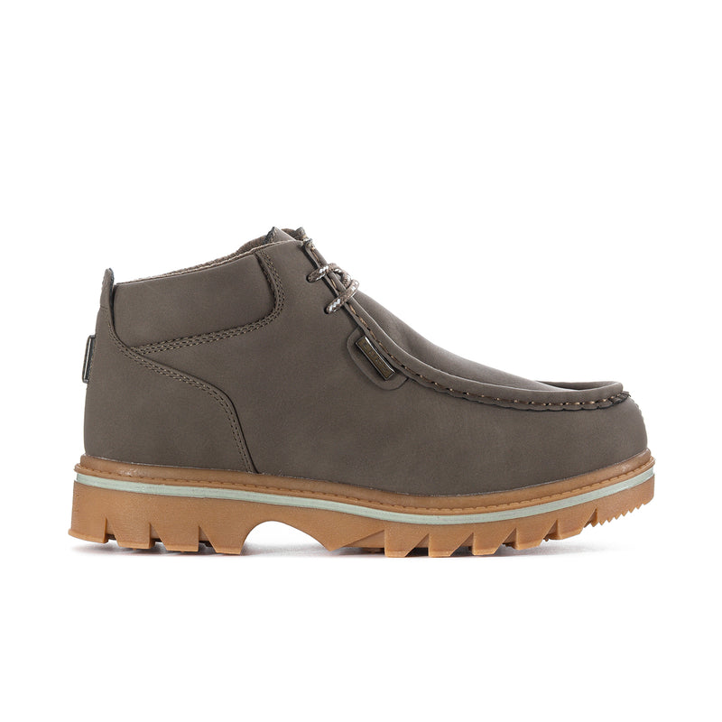 Men’s suede chukka boot in mushroom brown with lace-up eyelets and gum outsole