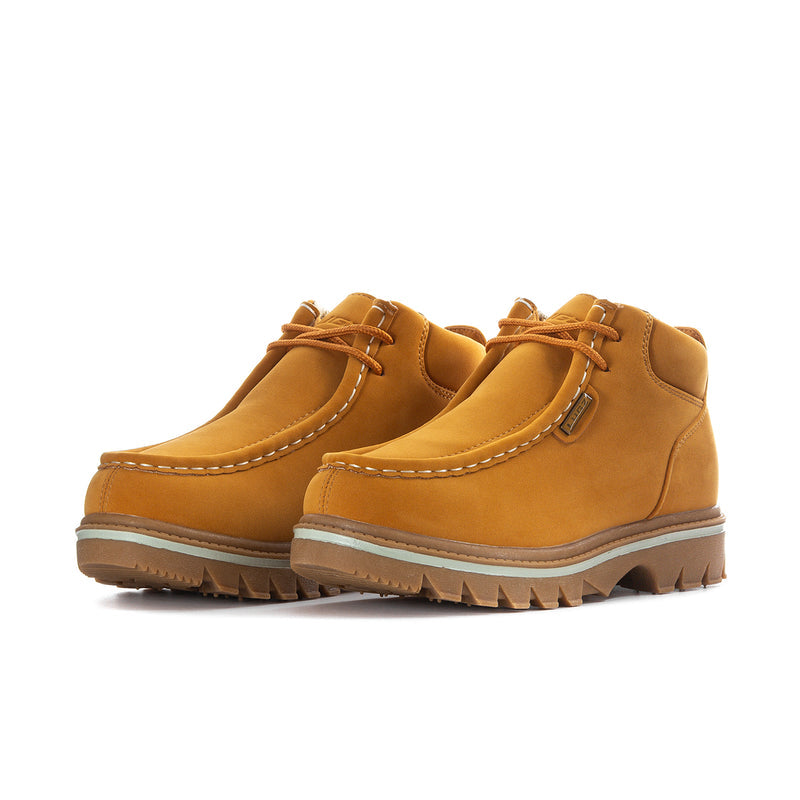 Pair of wheat suede lace-up chukka boots with contrast midsole and rugged tread