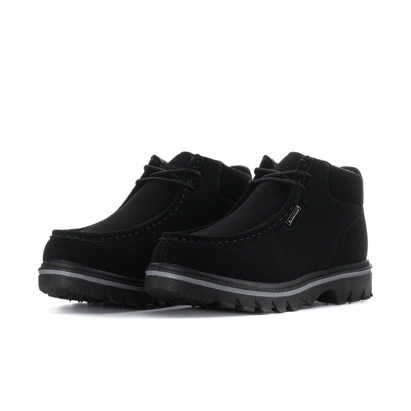 Men's black leather chukka boots, side view with zipper and lug tread sole