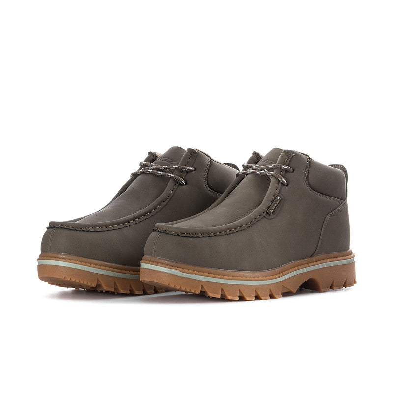 Pair of men’s suede chukka boots, mushroom brown, with laces and rugged lug sole