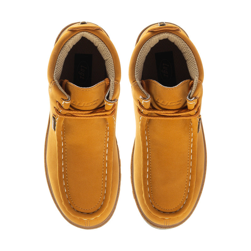 Wheat suede lace-up chukka boots, front view with padded collar and stitched panels