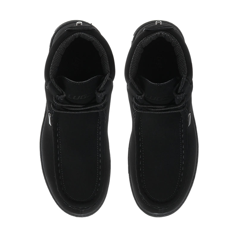 Pair of men's black leather chukka boots, front view with stitched upper and lace holes