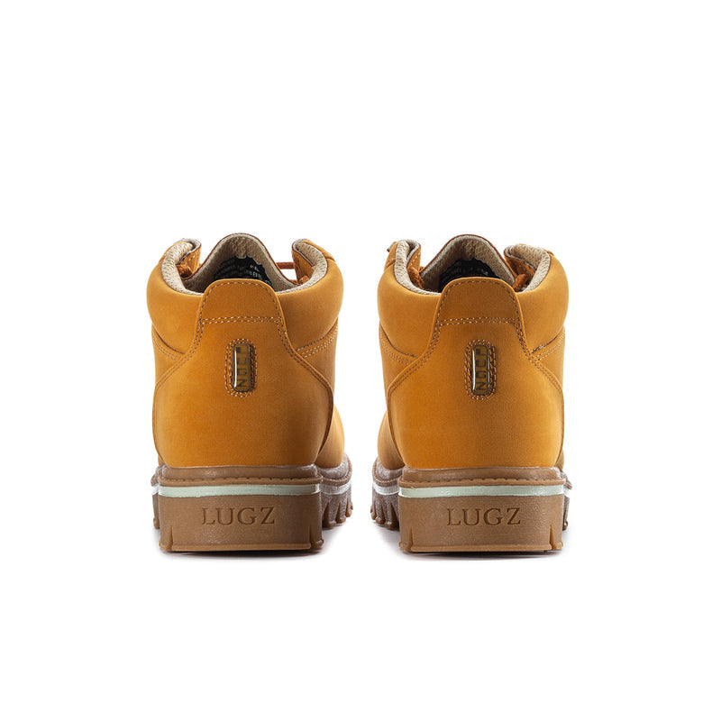 Wheat suede chukka boots, back view with Lugz heel label and rugged outsole