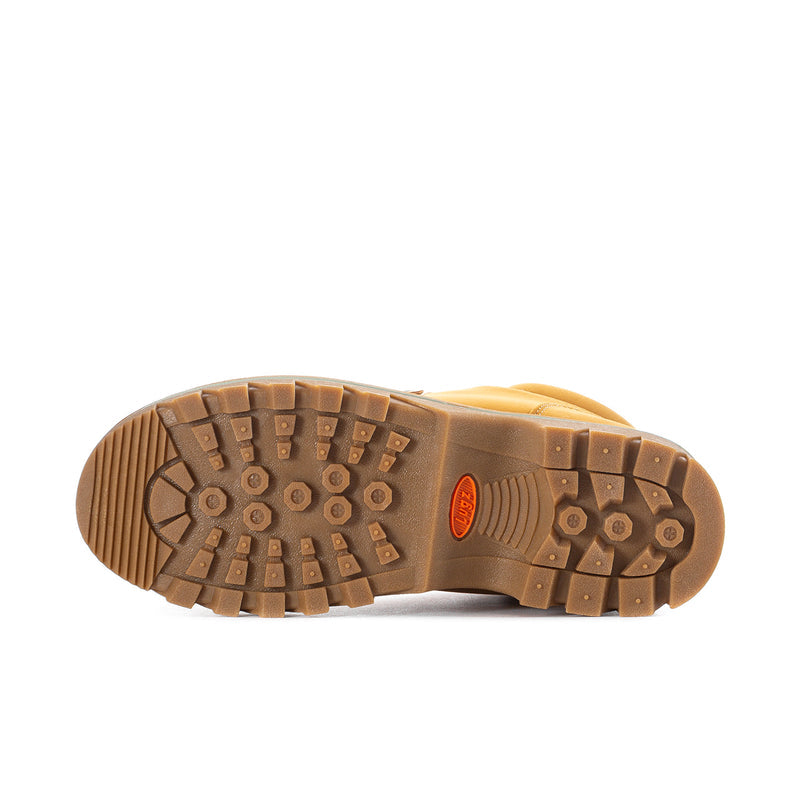 Outsole view of wheat suede chukka boots with Lugz logo and textured rubber tread