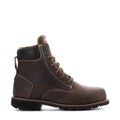 Brown 6-inch lace-up work boot with black collar and rugged tread sole