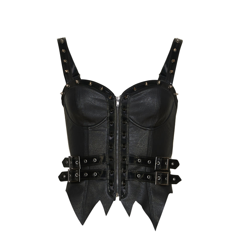 Black leather corset with spikes and straps on a white background