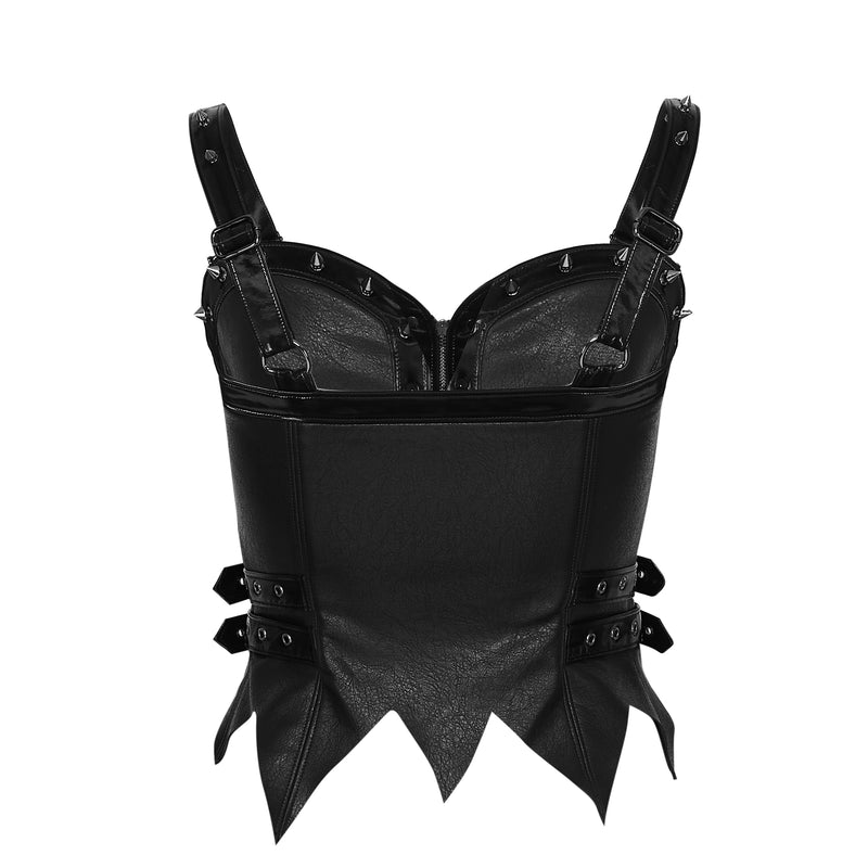 Black leather corset with spikes and straps on a white background