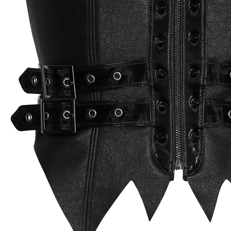 Black leather corset with detailed buckles on a white background