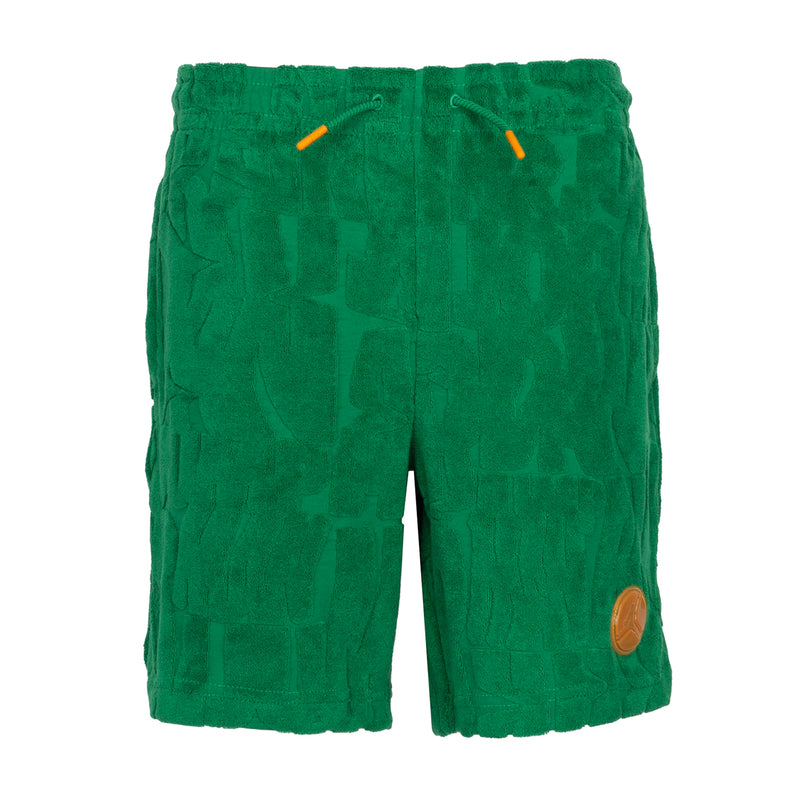 Youth pine green fleece shorts with elastic waistband, drawstring, and side pockets