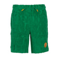 Youth pine green fleece shorts with elastic waistband, drawstring, and side pockets