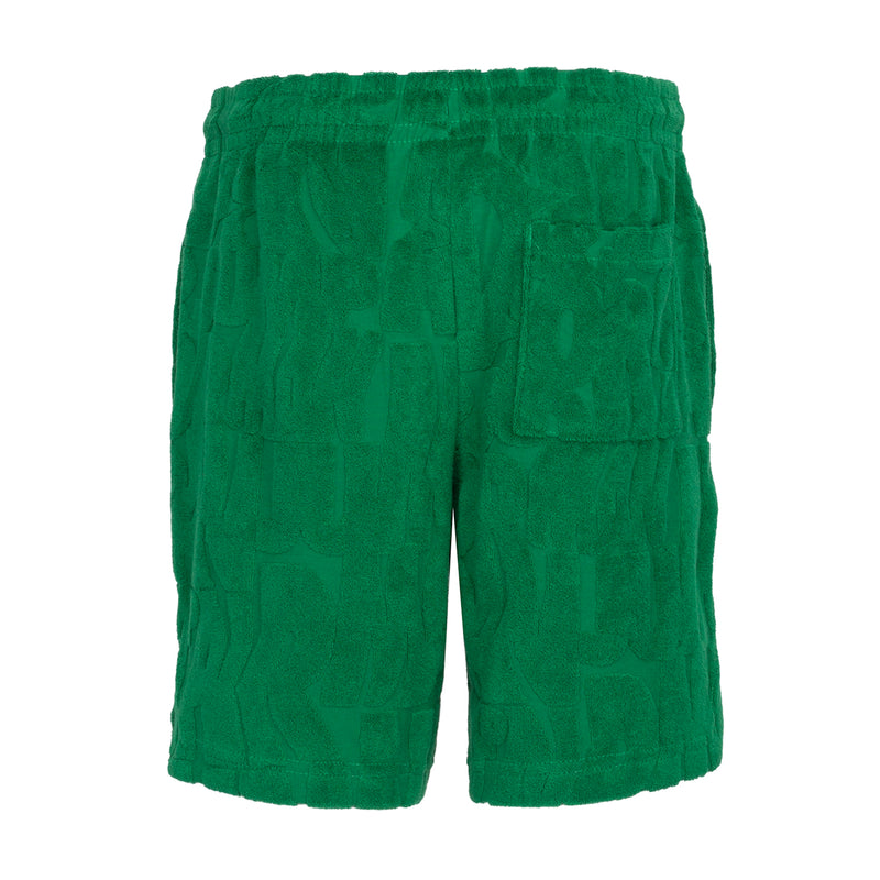 Youth pine green fleece shorts with elastic waistband and relaxed straight legs