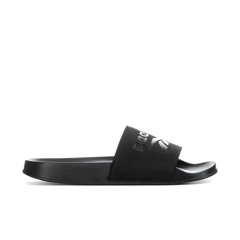 Men's black slide sandal with wide strap and embossed logo