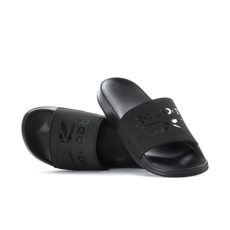 Men's black slide sandals with wide strap and textured footbed