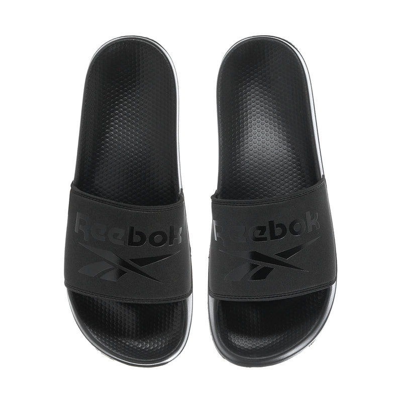 Men's black slide sandals with Reebok branding on the straps