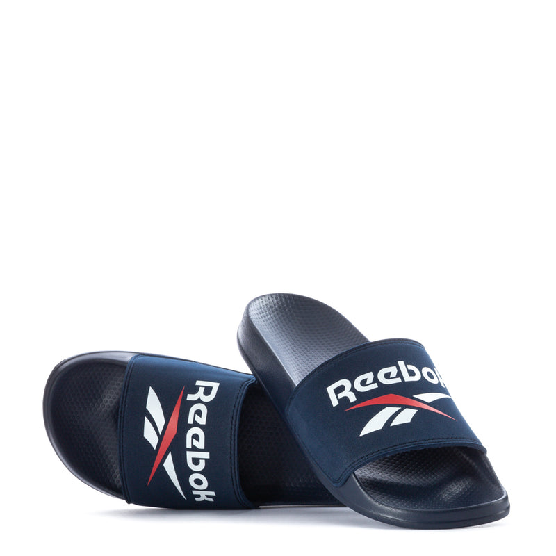 Men's navy slide sandals, open toe, cushioned footbed with Reebok logo
