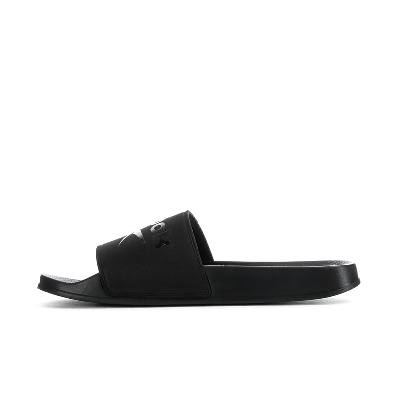 Men's black slide sandal side view with wide padded strap